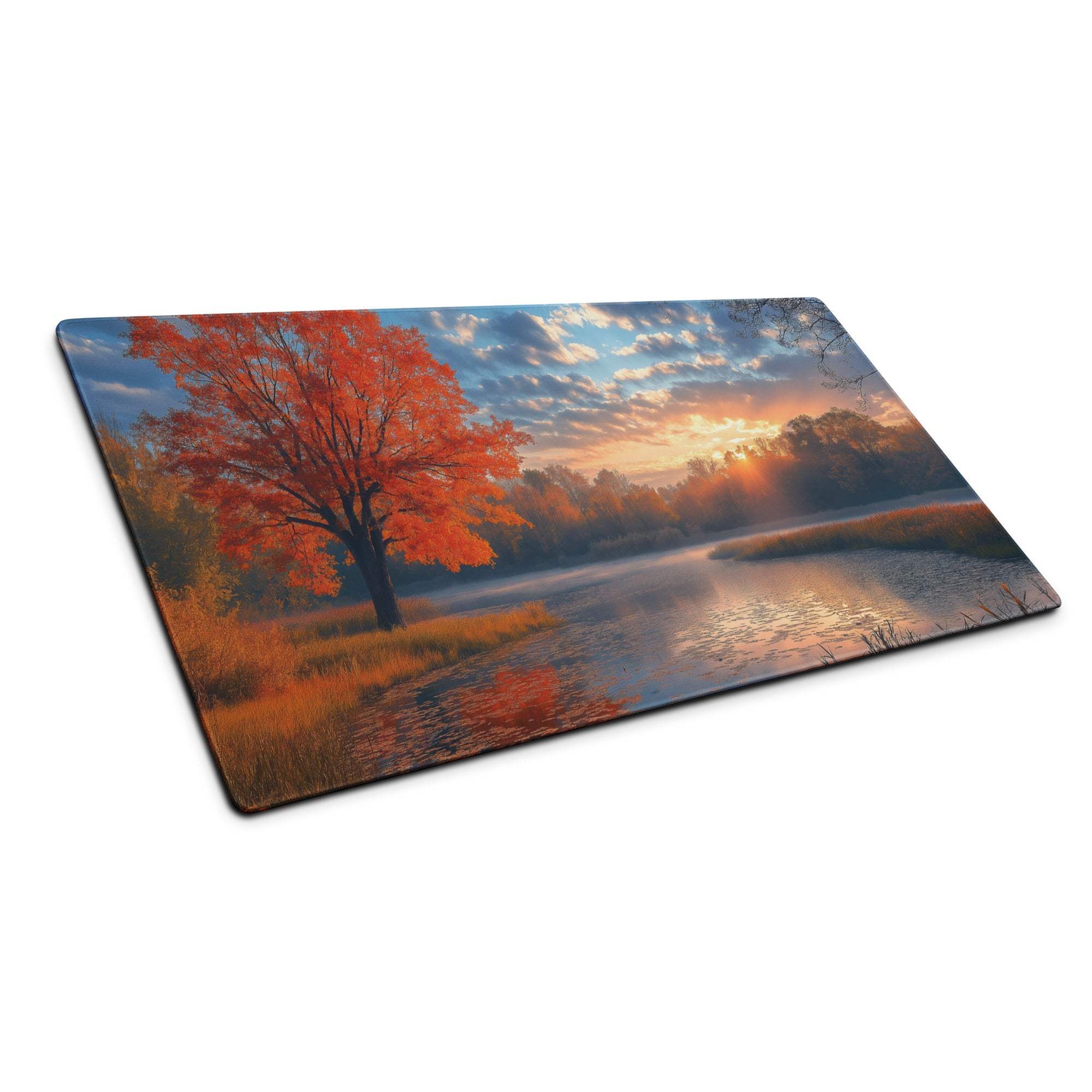 Cozy autumn sunset lakeside mouse pad with orange tree and misty river