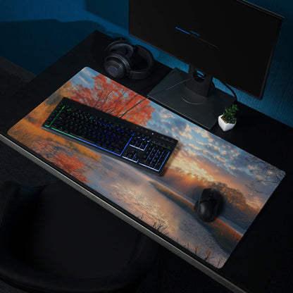 Cozy Autumn Sunset Lakeside Gaming Mouse Pad with vivid orange trees reflection
