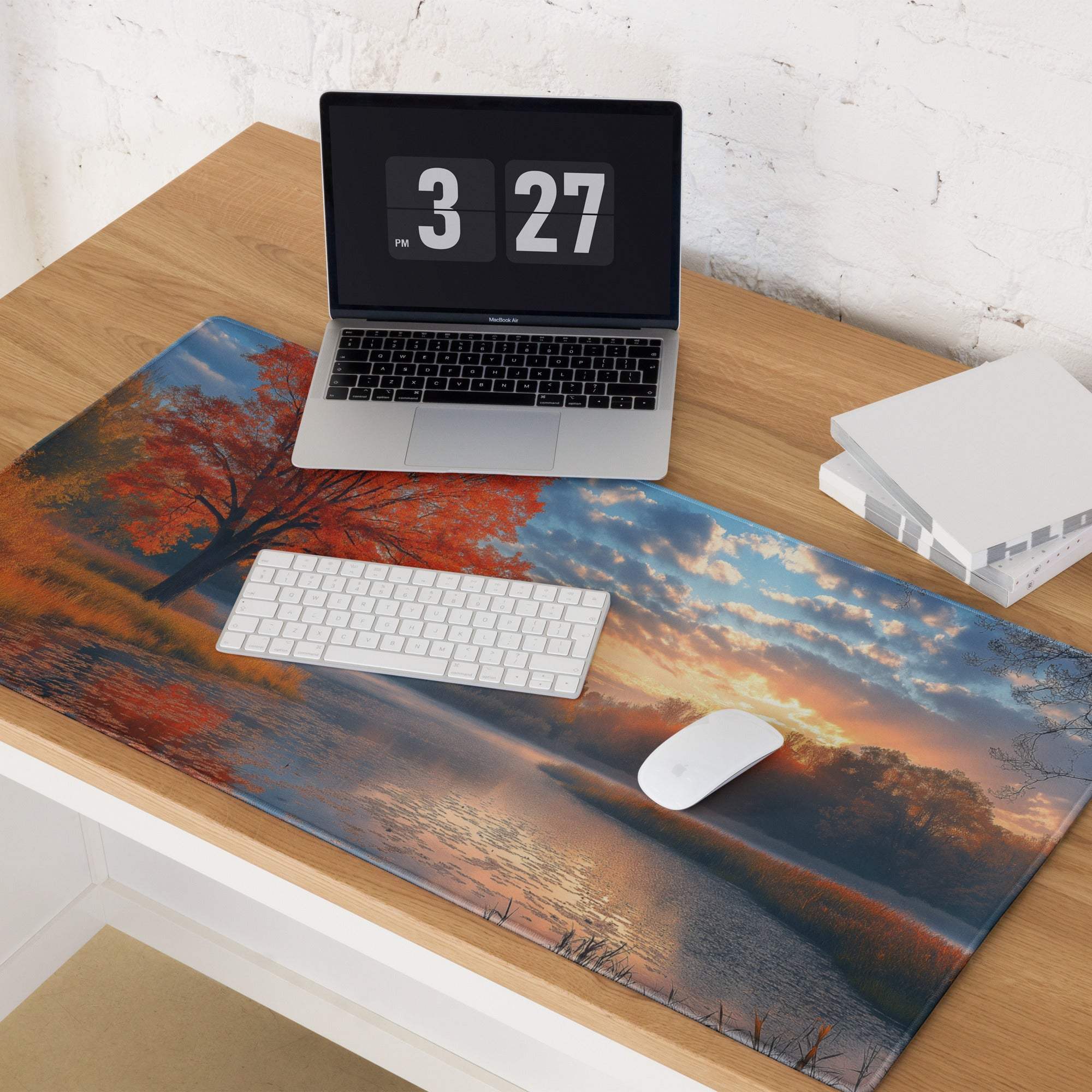 Cozy autumn sunset lakeside gaming mouse pad with orange trees and water