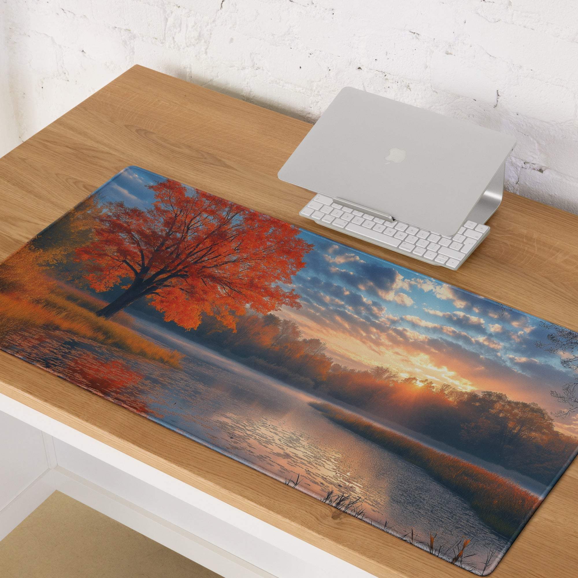 Cozy autumn sunset lakeside mouse pad with orange tree reflection