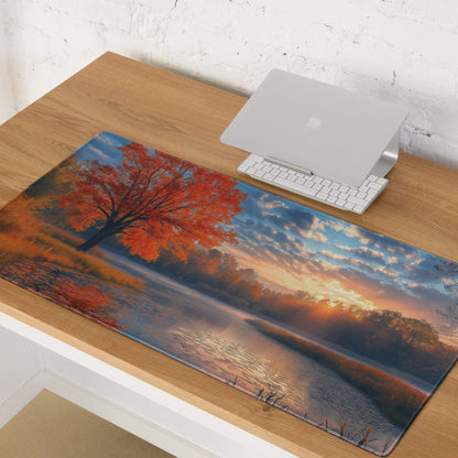 Cozy autumn sunset lakeside mouse pad with orange tree reflection