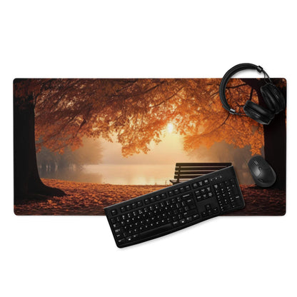 Autumn park bench gaming mouse pad with black keyboard and mouse