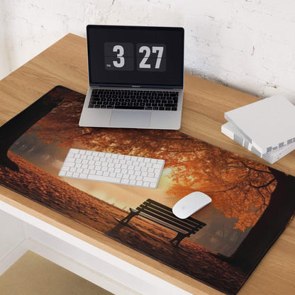 Autumn park bench gaming mouse pad with non-slip backing and stitching
