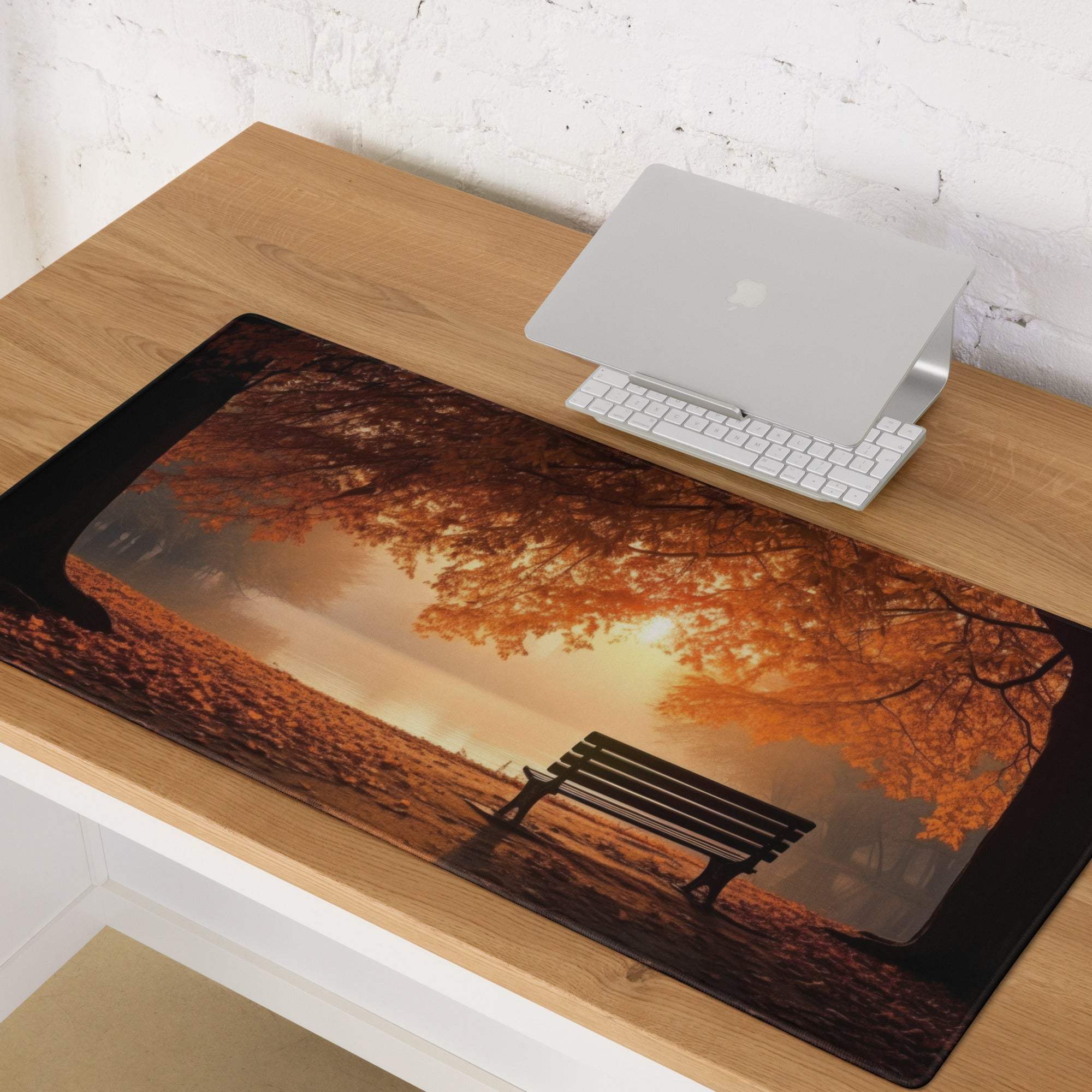Autumn park bench scene large gaming mouse pad with non-slip backing