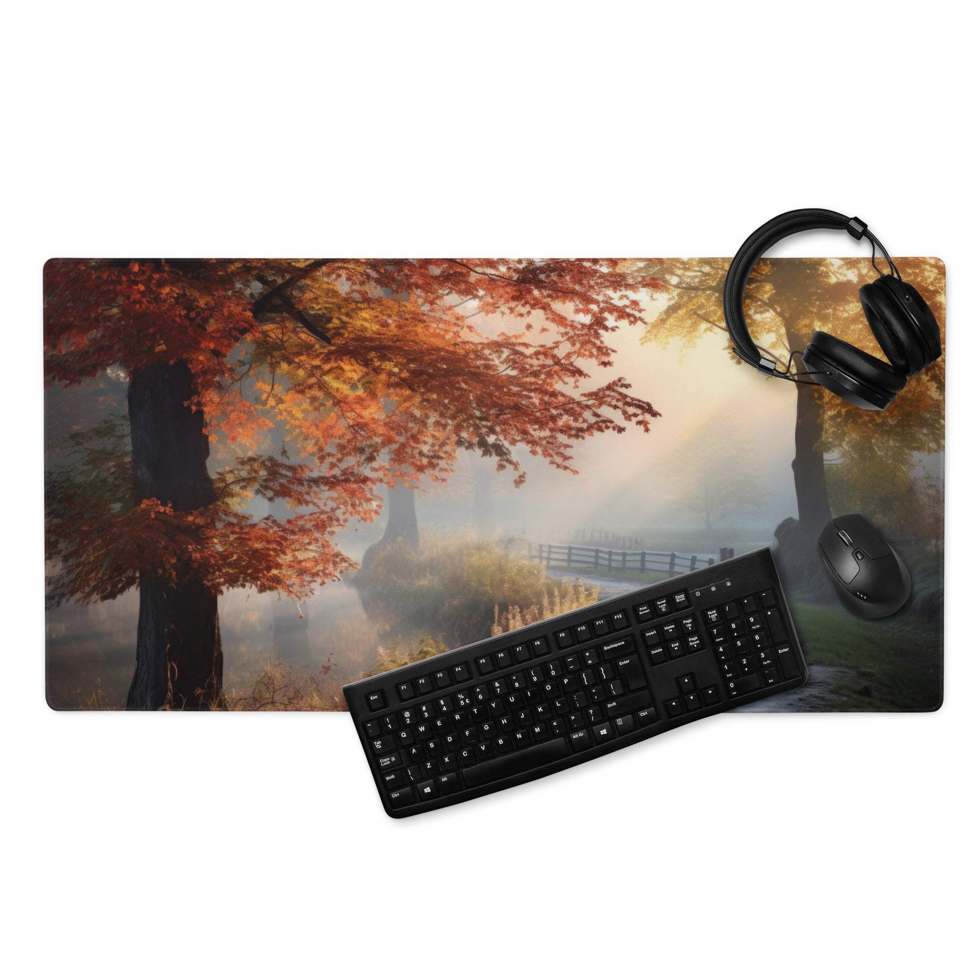 Large warm autumn forest gaming mouse pad with edge stitching and non-slip backing