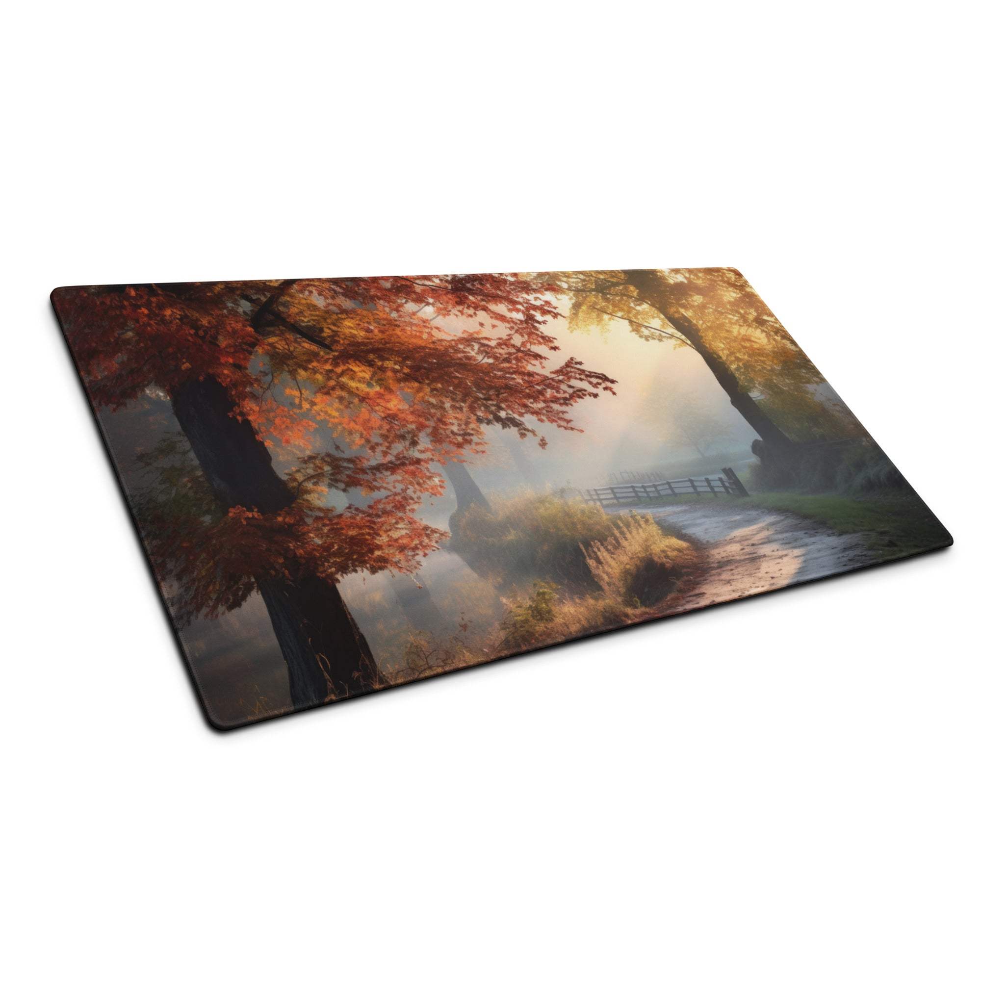Large gaming mouse pad with warm autumn forest scene, red leaves, misty trees, path to bridge