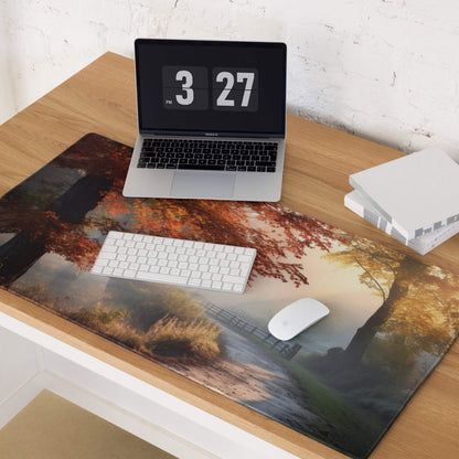 Warm autumn forest gaming mouse pad with orange reds browns stitched edges