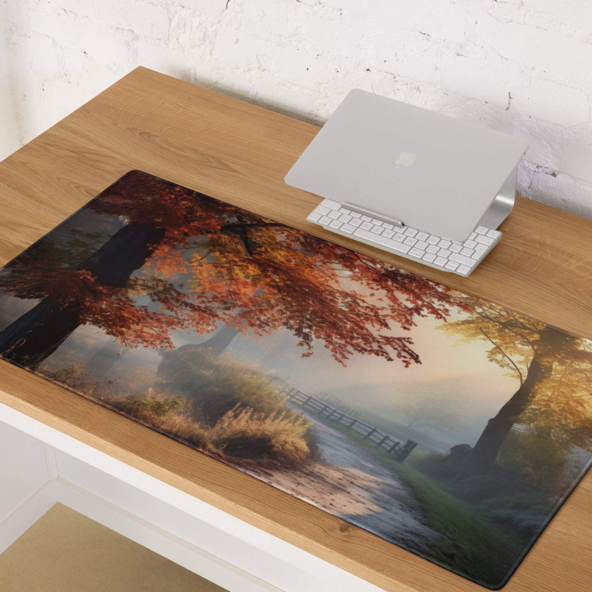 Large warm autumn forest gaming mouse pad with red leaves, mist, edge stitching
