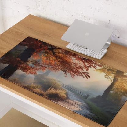 Large warm autumn forest gaming mouse pad with red leaves, mist, edge stitching