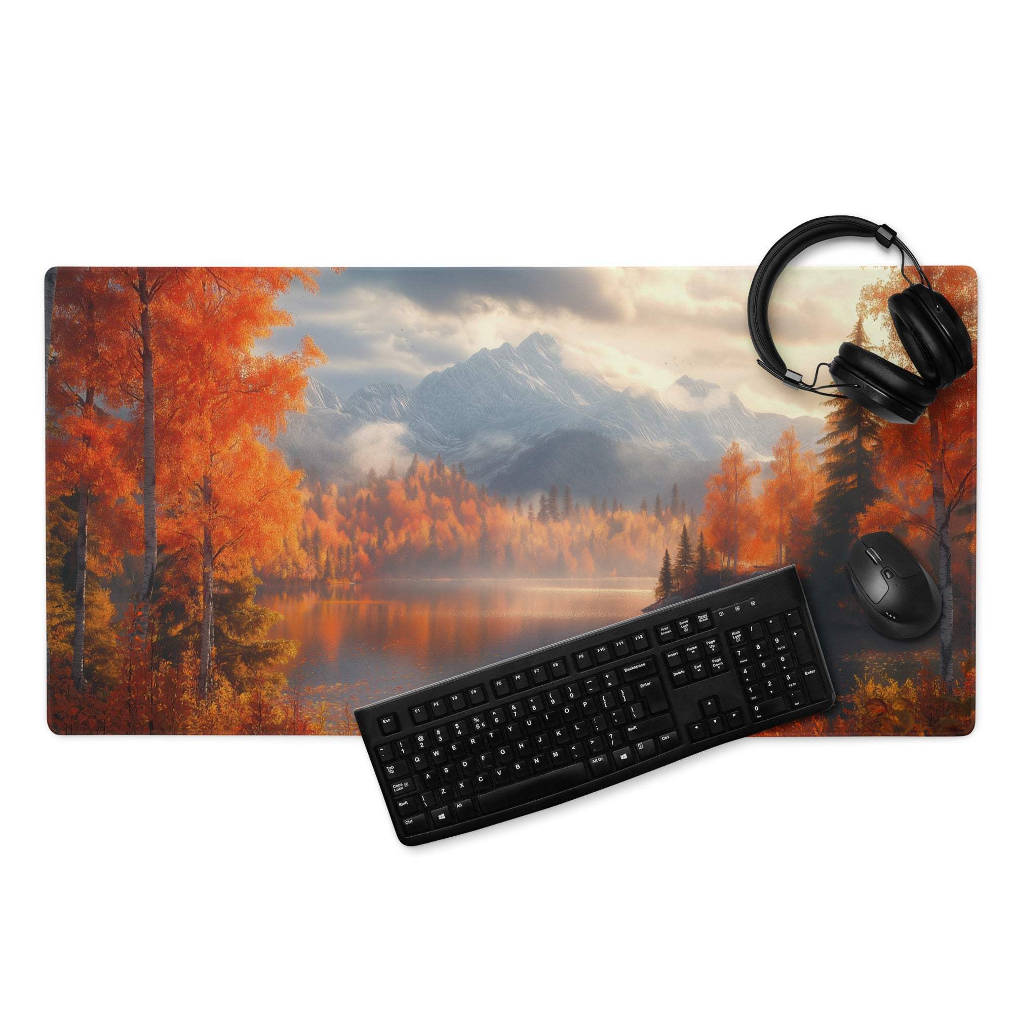 Large autumn forest gaming mouse pad with orange trees, misty mountains, non-slip base