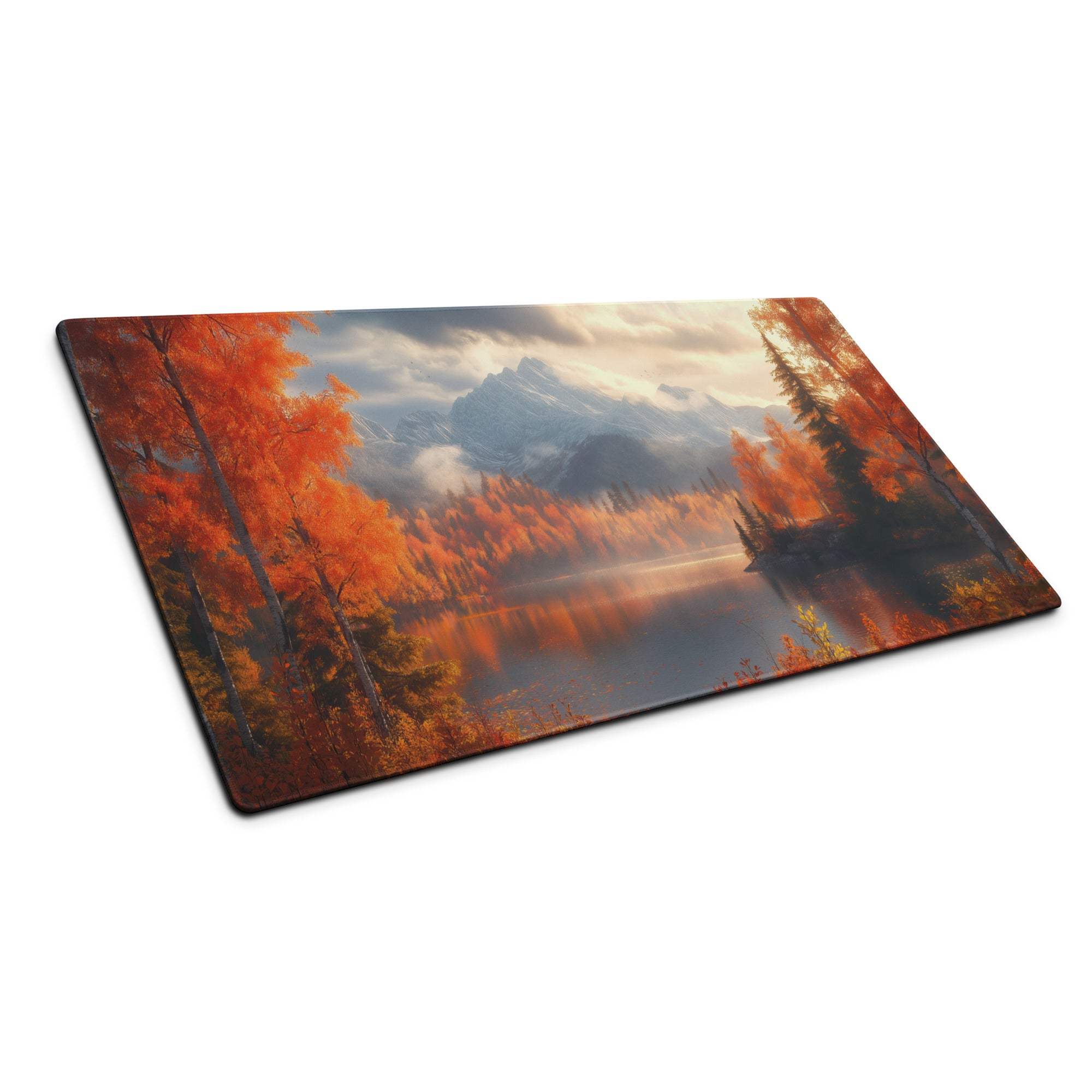 Large autumn forest gaming mouse pad with orange trees, misty mountains, reflective water, non-slip base, edge stitching