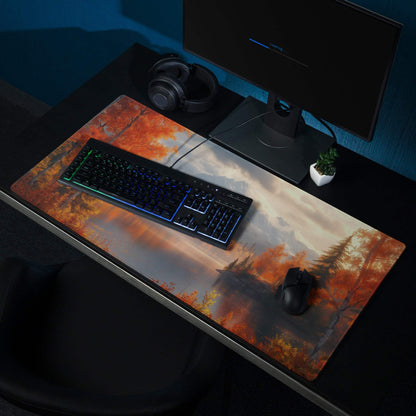 Large Autumn Forest gaming mouse pad with non-slip base and stitching