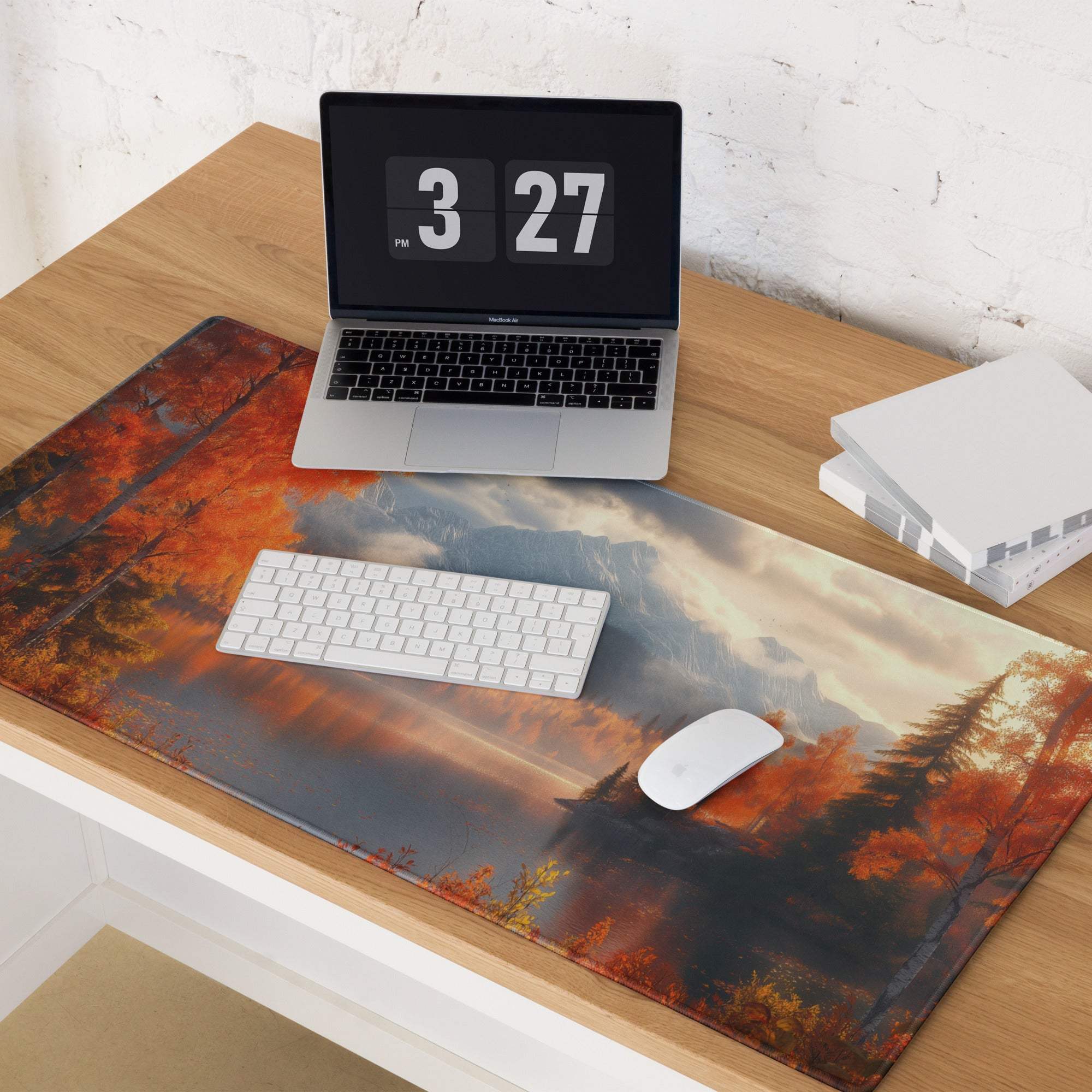 Large Autumn Forest gaming mouse pad with orange trees, non-slip base