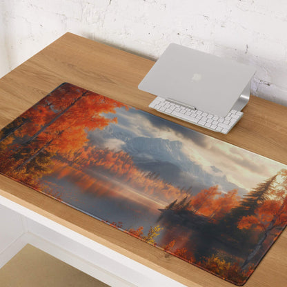 Large Autumn Forest gaming mouse pad with orange trees, water reflection, non-slip base