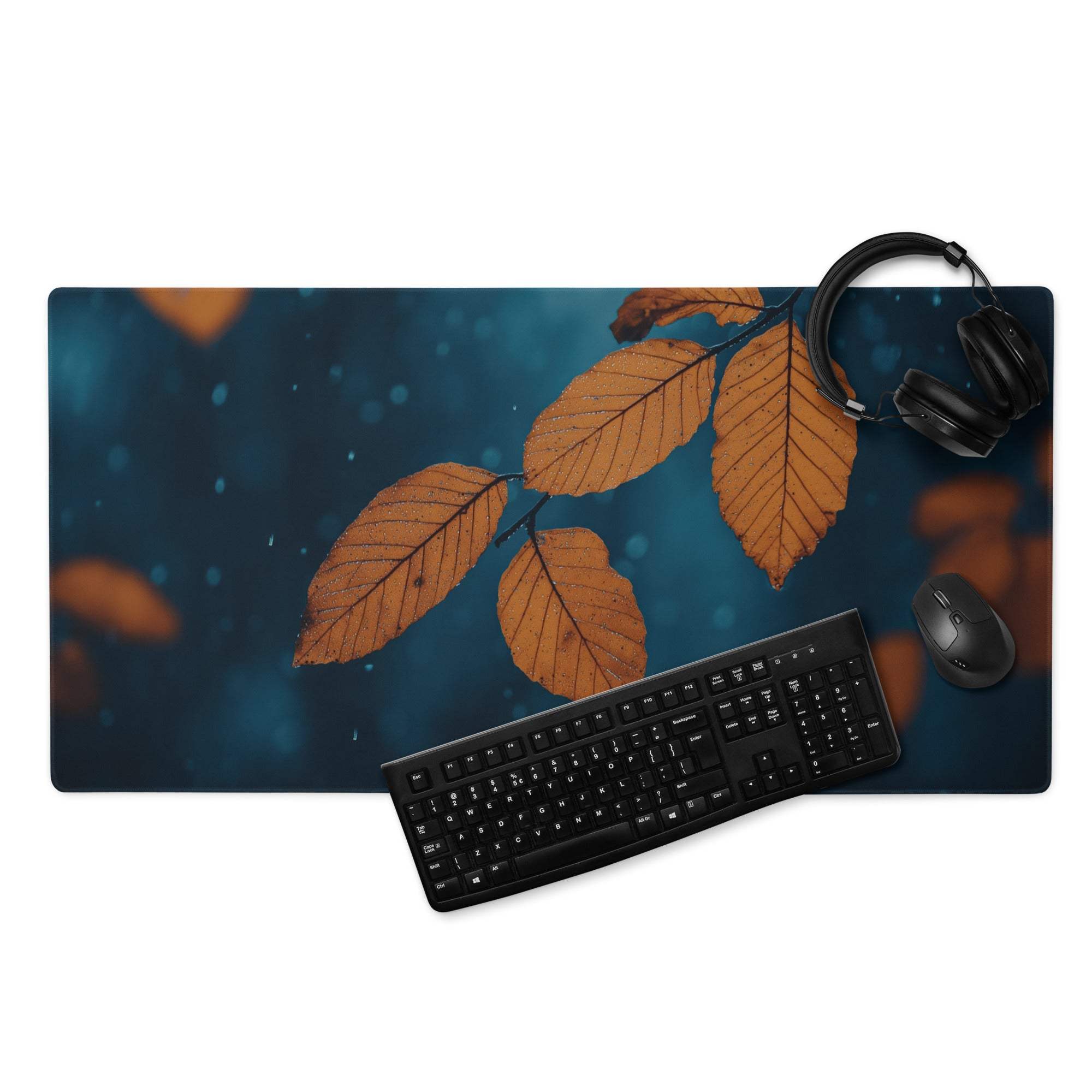 Nature inspired autumn leaves on deep blue gaming mouse pad