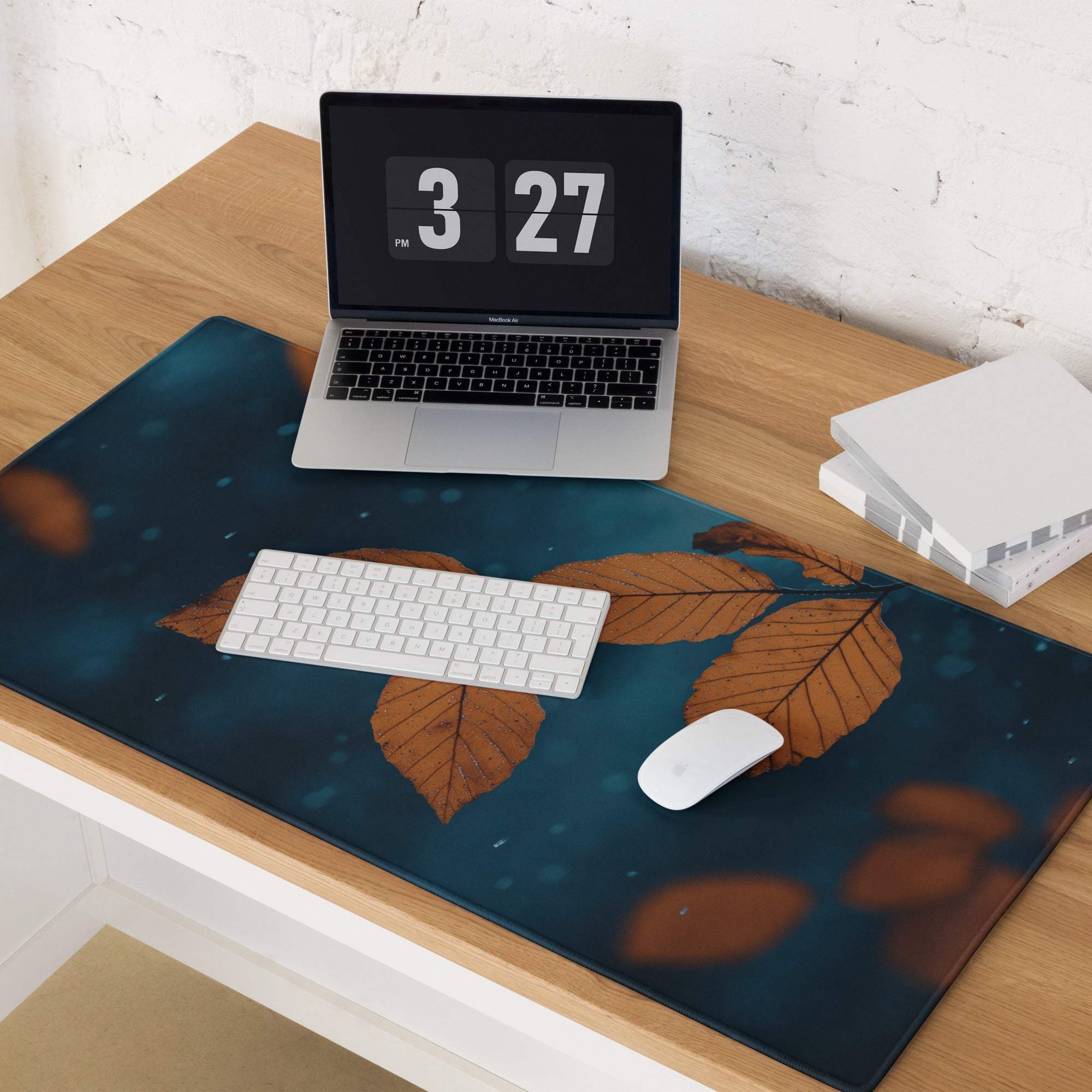 Nature inspired autumn leaves on deep blue non-slip gaming mouse pad