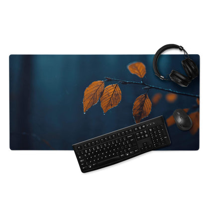 Large Moody Night Scene gaming mouse pad with deep blue background and orange autumn leaves on branch