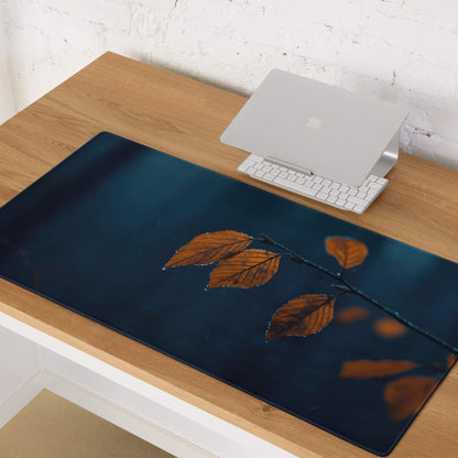 Large Moody Night Scene gaming mousepad with autumn leaves on branch, deep blue orange accent