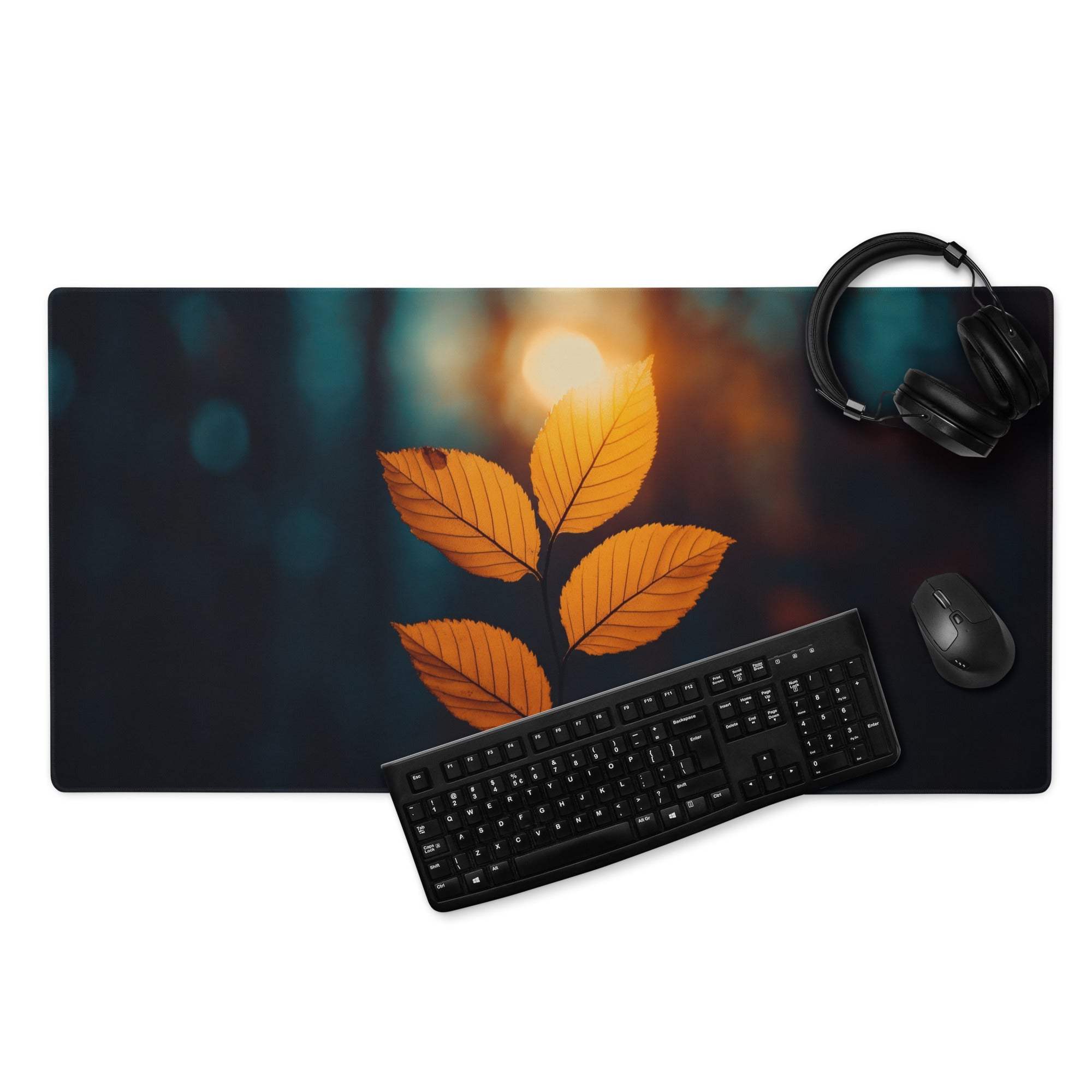 Large autumn leaf gaming mouse pad with vibrant golden-orange leaves, non-slip backing