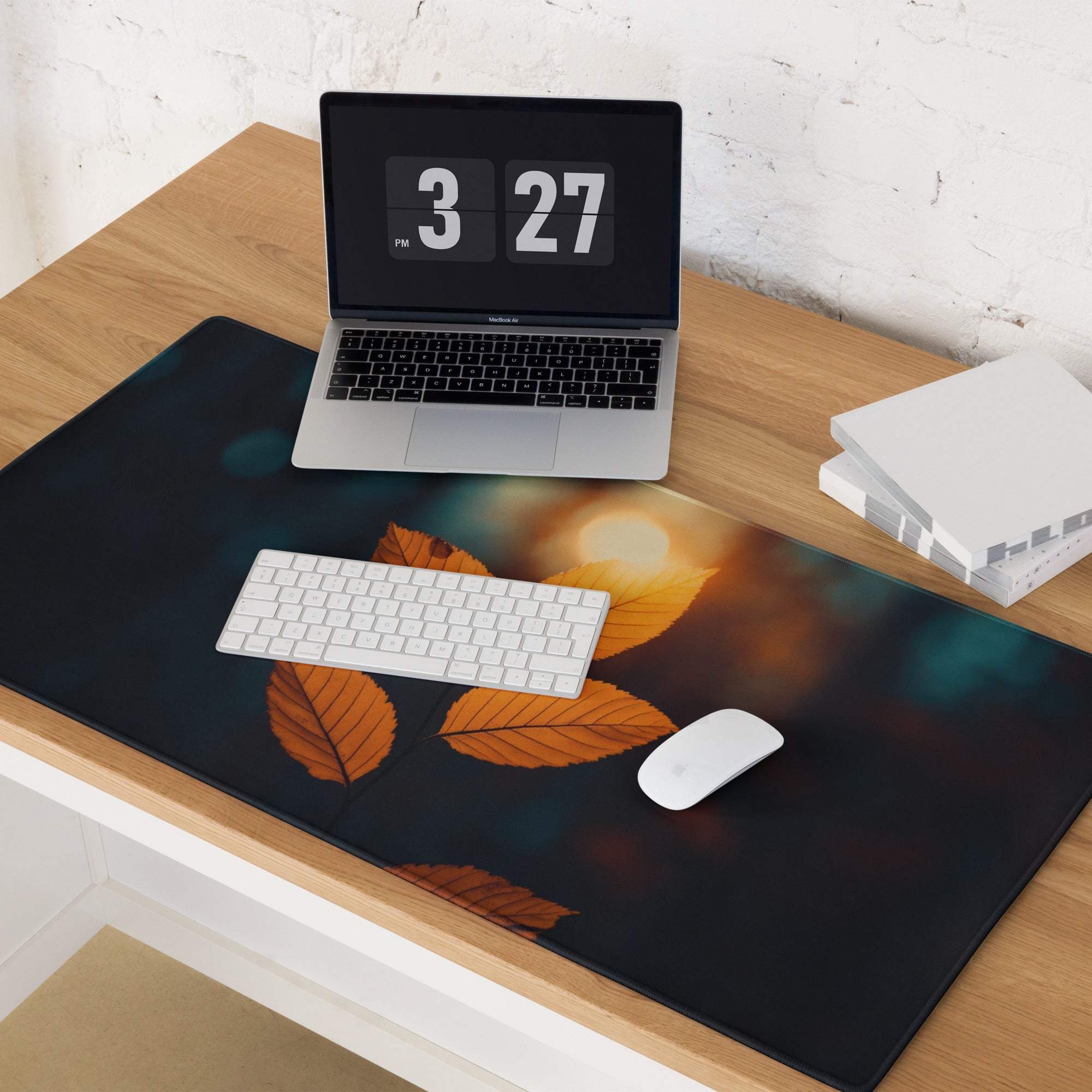 Large autumn leaf gaming mouse pad with orange design, non-slip backing