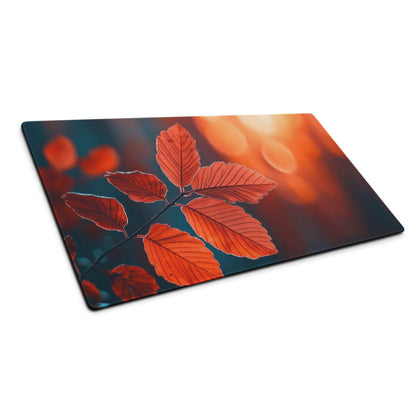 Autumn leaves glass cutting board in orange red hues on bokeh background