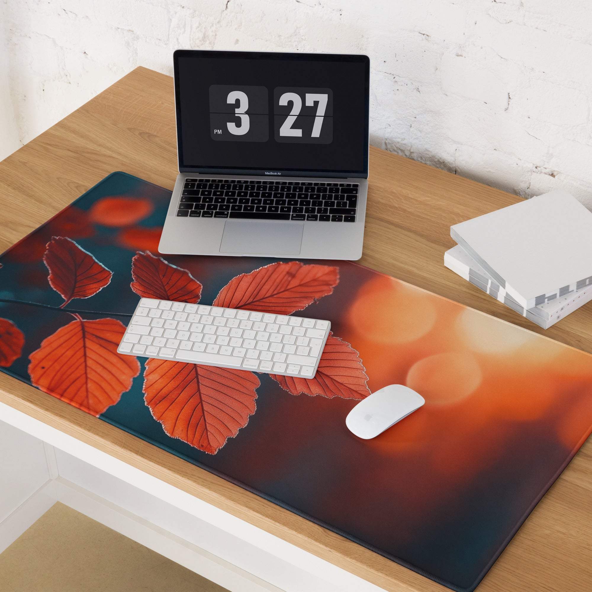 Autumn Leaves Warm Sunset large gaming mouse pad with orange red leaves on teal