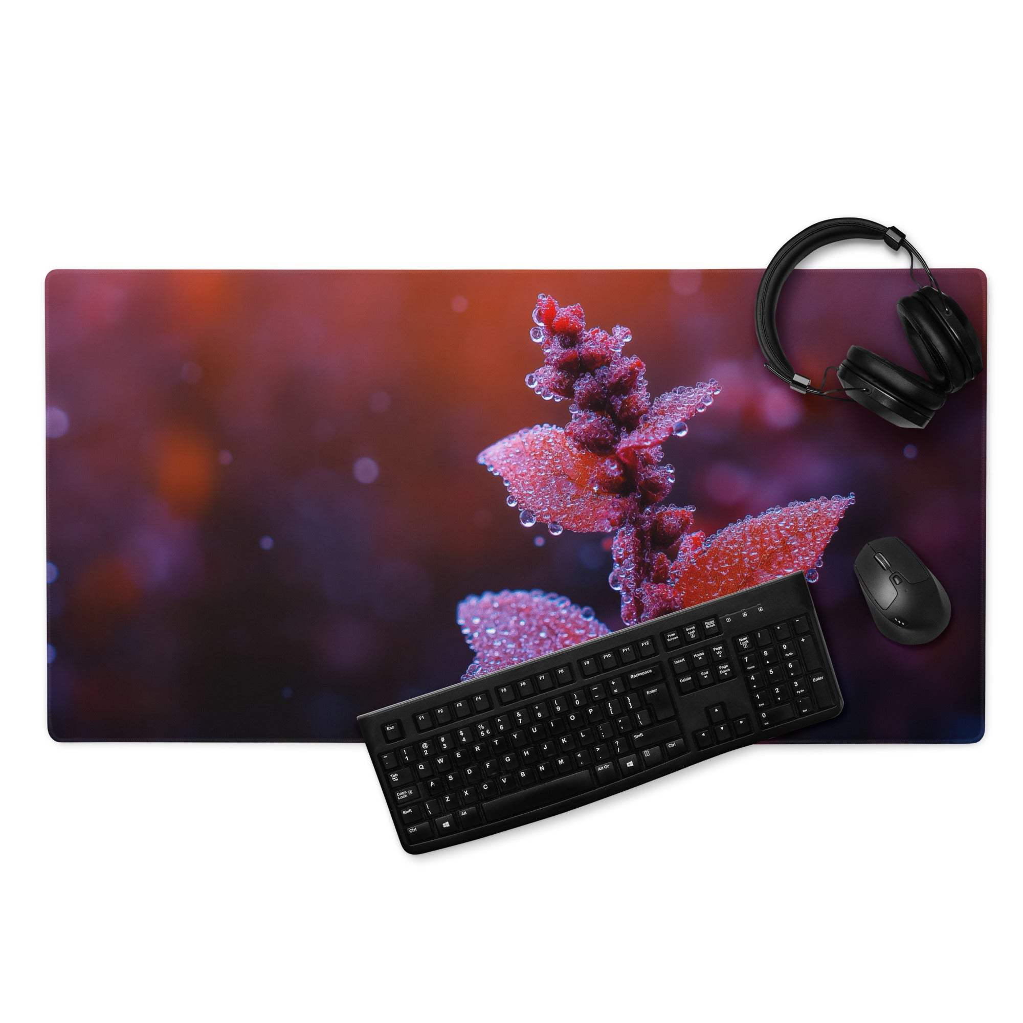 Vibrant dew-covered red purple leaf macro gaming mousepad large non-slip stitched