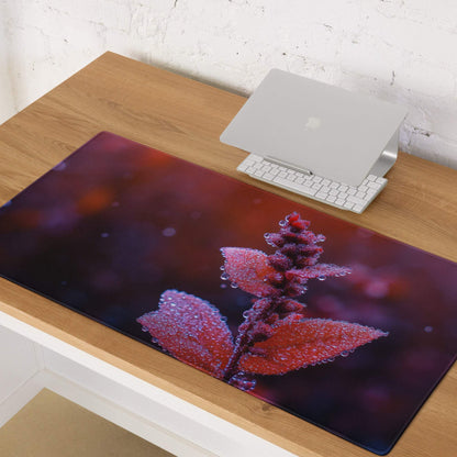 Vibrant red leaf macro close-up large gaming mouse pad with dewdrops