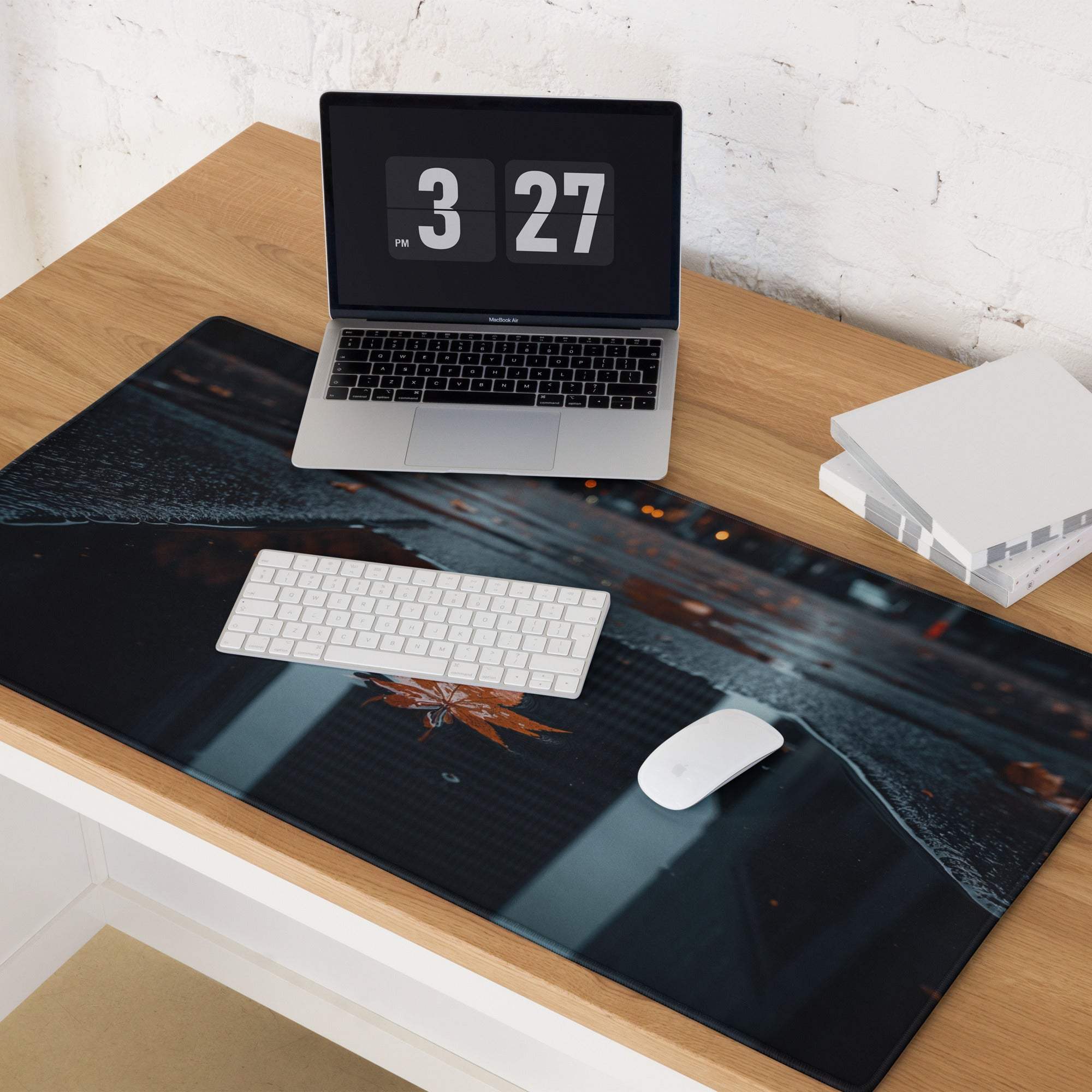 Large moody urban night mousepad with wet pavement, leaves, city lights