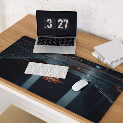Large moody urban night mousepad with wet pavement, leaves, city lights