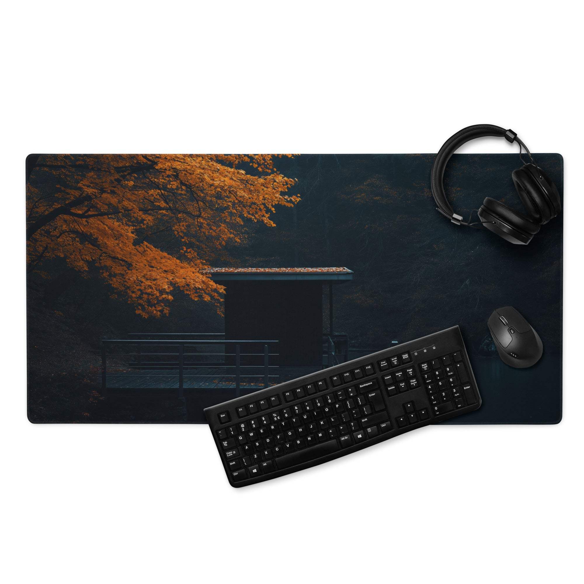 Black rectangular gaming mousepad with serene autumn Japanese pavilion and golden leaves