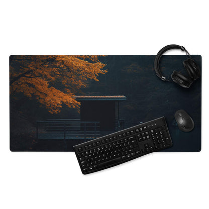 Black rectangular gaming mousepad with serene autumn Japanese pavilion and golden leaves