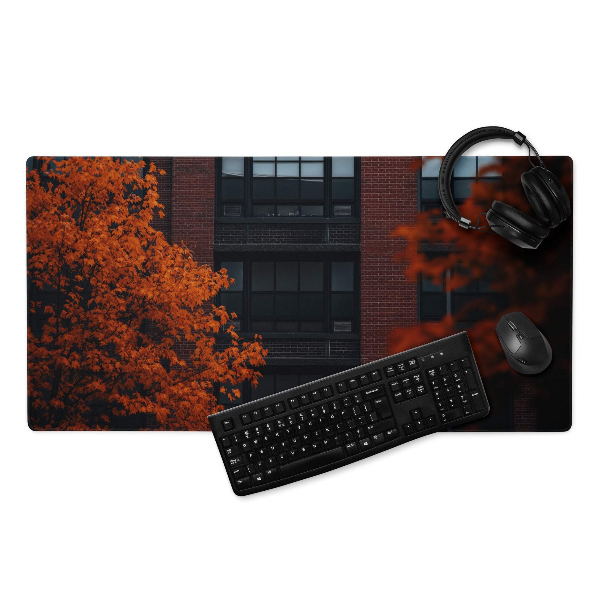 Autumn orange cityscape gaming mouse pad with trees and brick facade