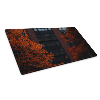 Autumn orange cityscape glass cutting board with trees on brick backdrop