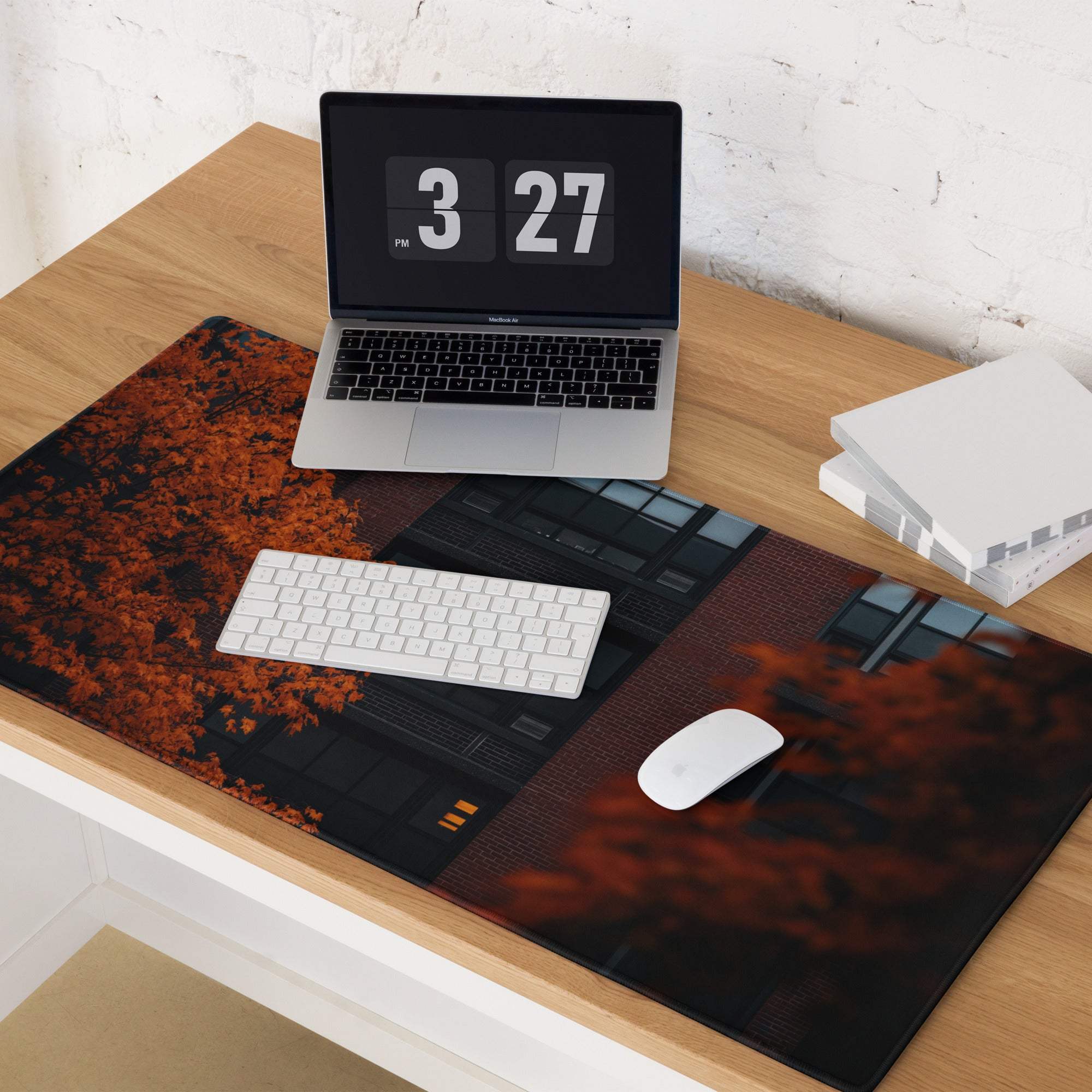 Large Autumn Orange Cityscape gaming mouse pad with non-slip base