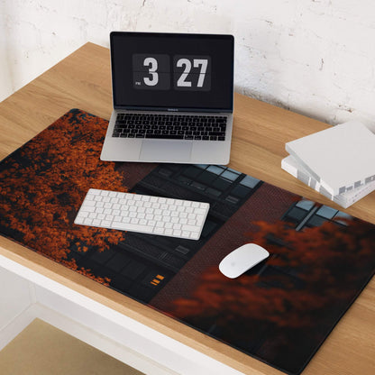 Large Autumn Orange Cityscape gaming mouse pad with non-slip base