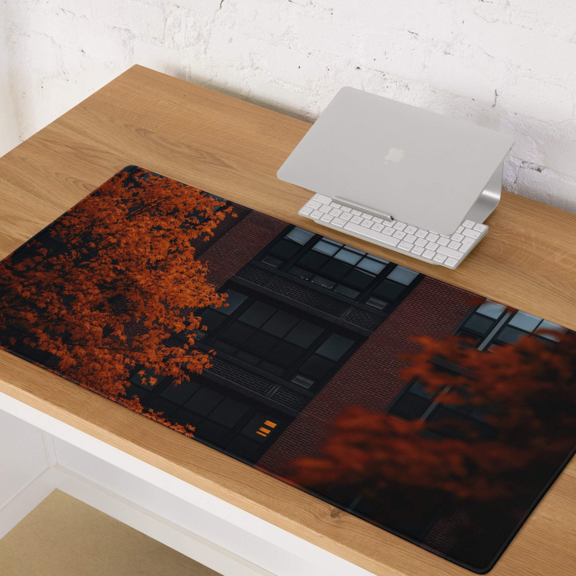 Large autumn orange cityscape gaming mouse pad with vivid leaves and brick windows