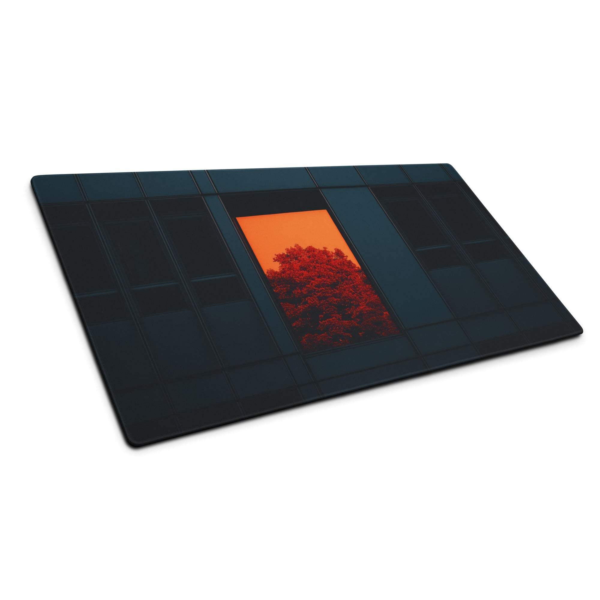 Black glass cutting board with orange sunset through dark window panes