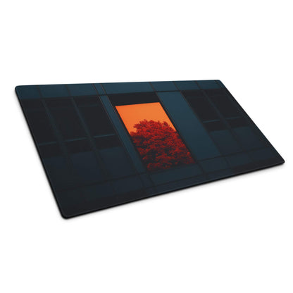 Black glass cutting board with orange sunset through dark window panes