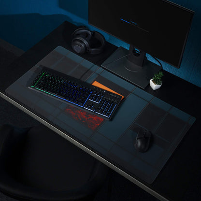 Black gaming mousepad with segmented design, red logo and orange accent