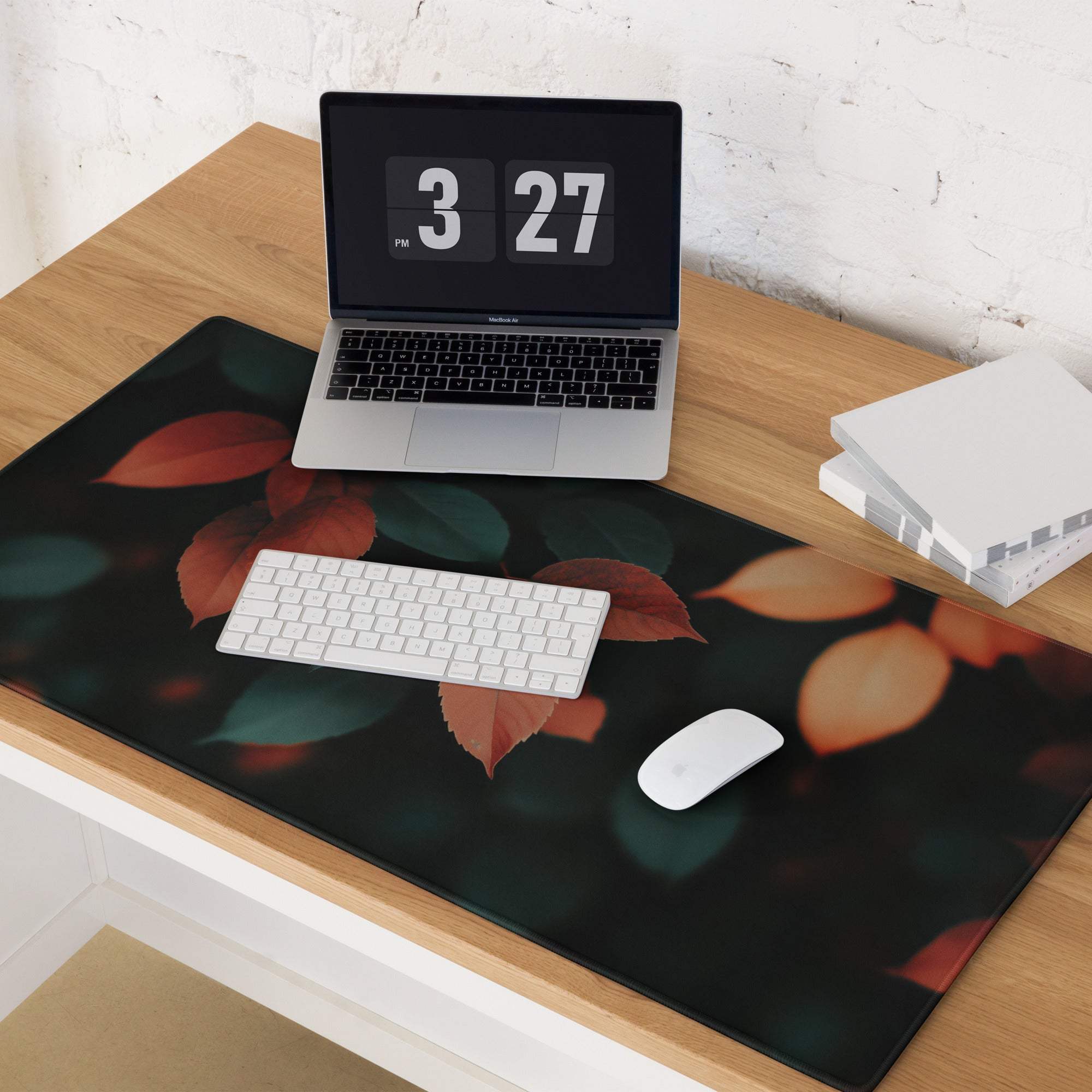 Autumn Leaves Dark Mood large gaming mouse pad with orange green leaves pattern