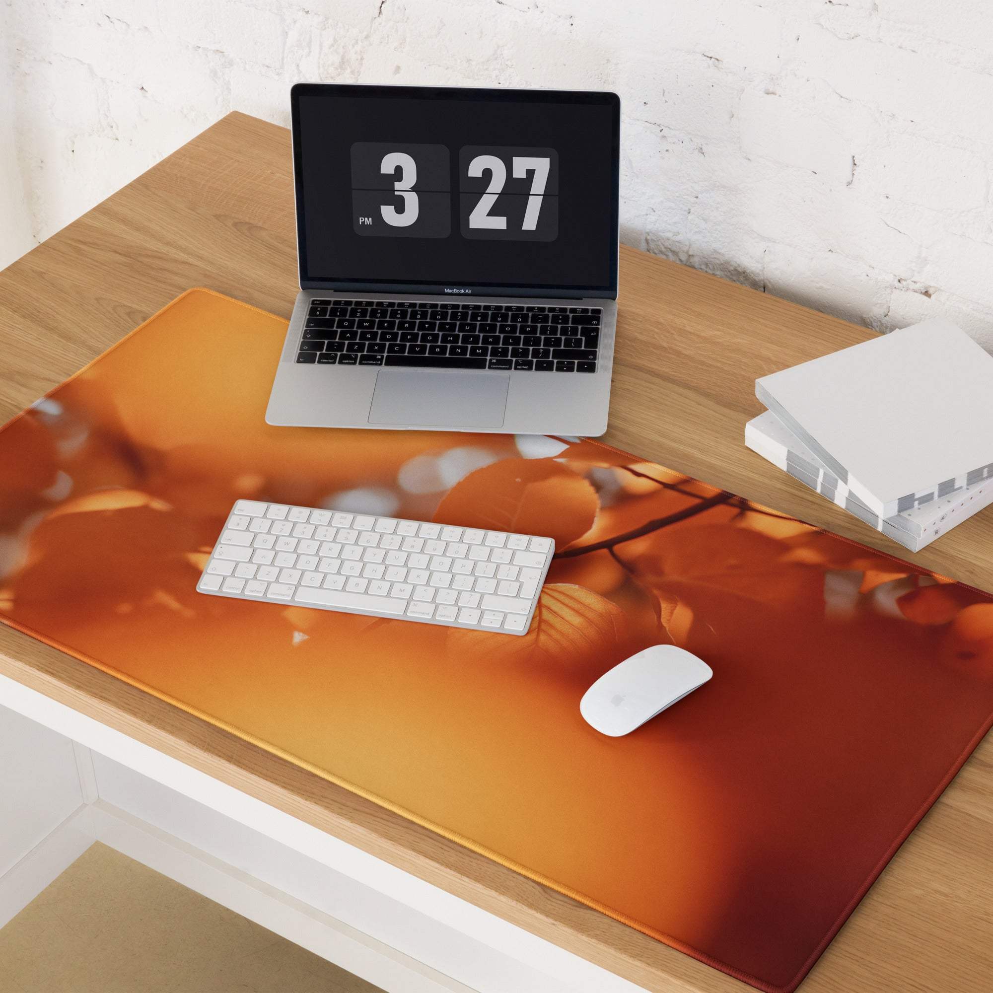 Autumn Orange Aura large gaming mouse pad with orange floral pattern and glossy finish