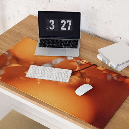 Autumn Orange Aura large gaming mouse pad with orange floral pattern and glossy finish