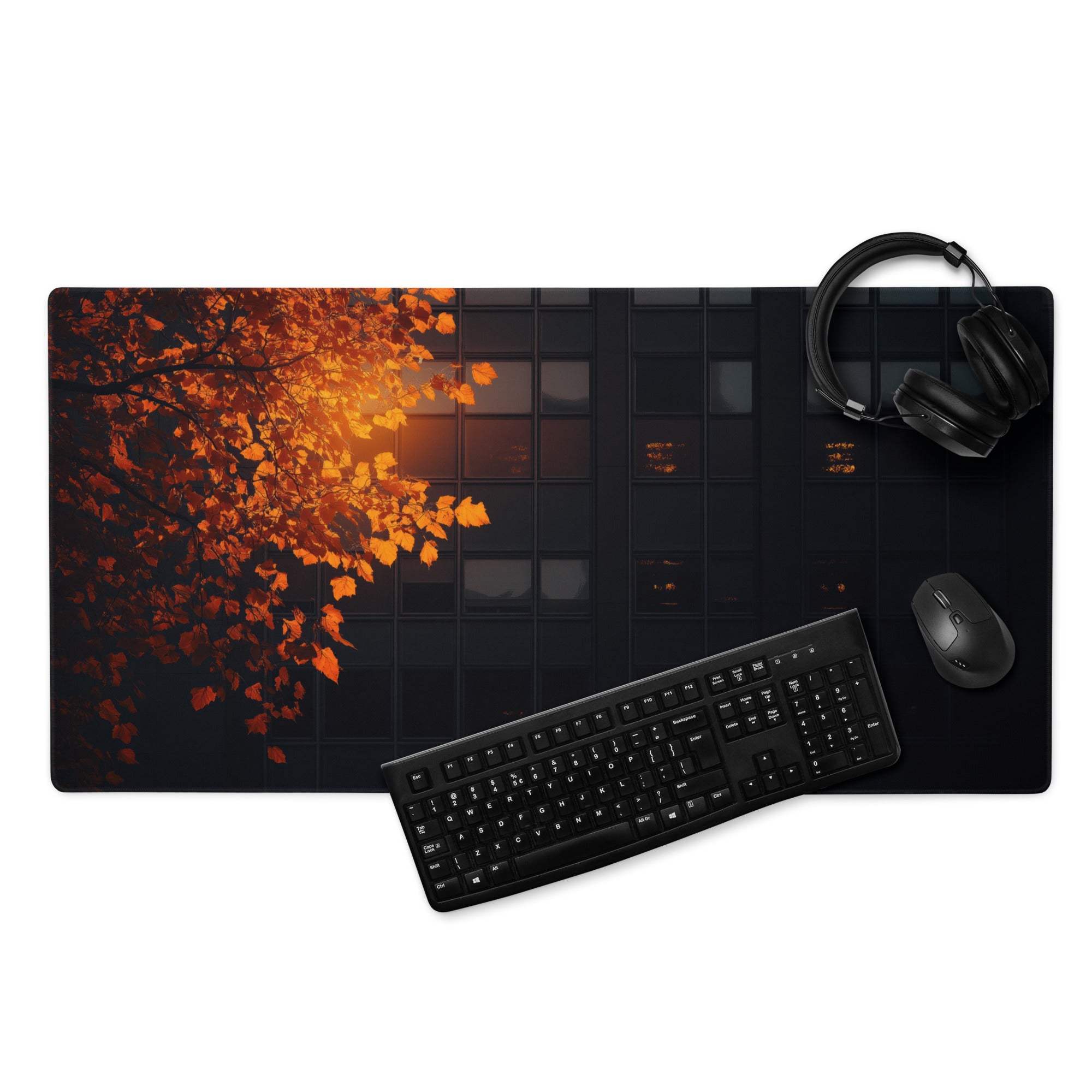 Black moody autumn leaves over urban windows gaming mouse pad