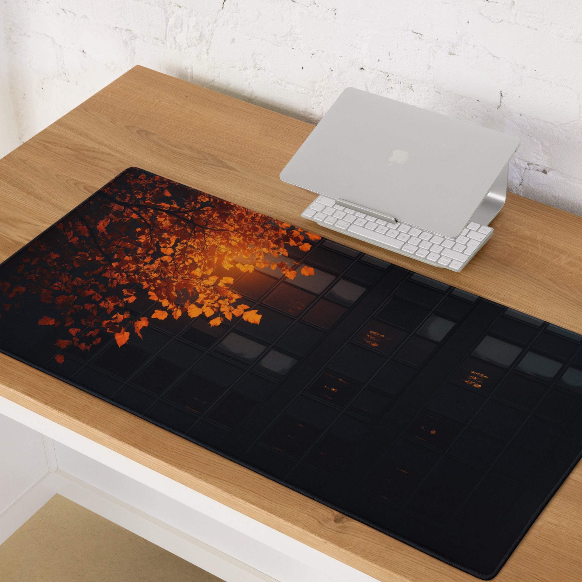 Black moody autumn leaves over urban windows gaming mouse pad, large non-slip