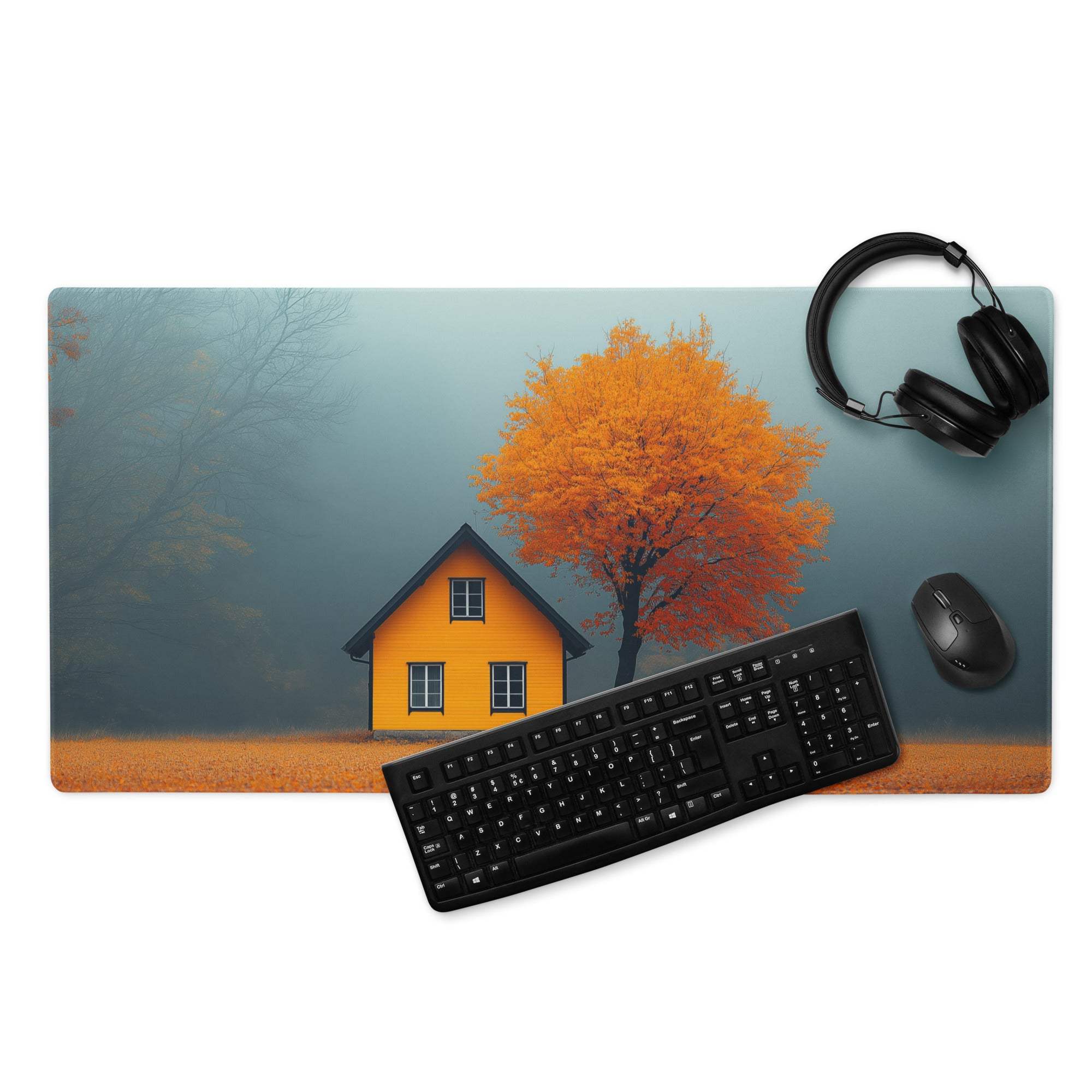Autumn Calm Landscape Orange House and Tree large non-slip gaming mousepad