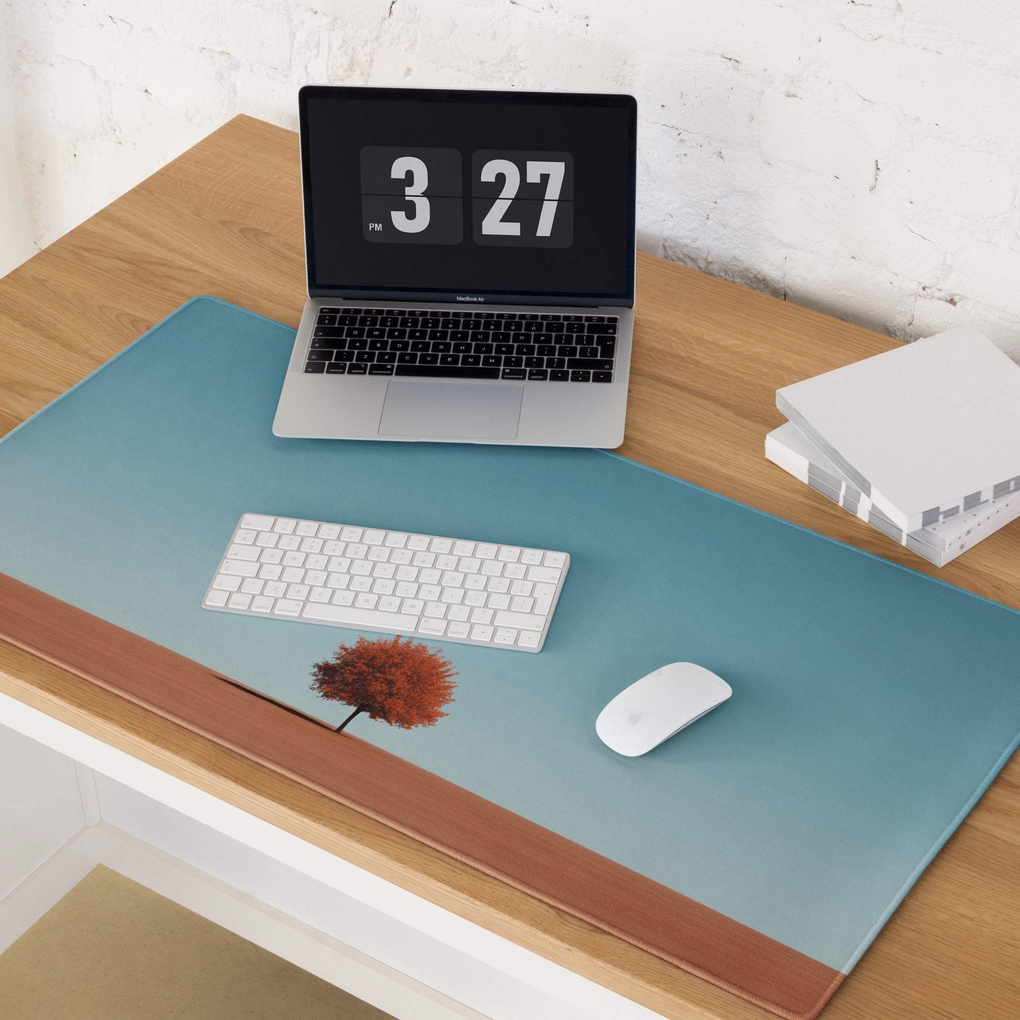 Minimalist desert landscape mouse pad with red leaf tree and blue sky