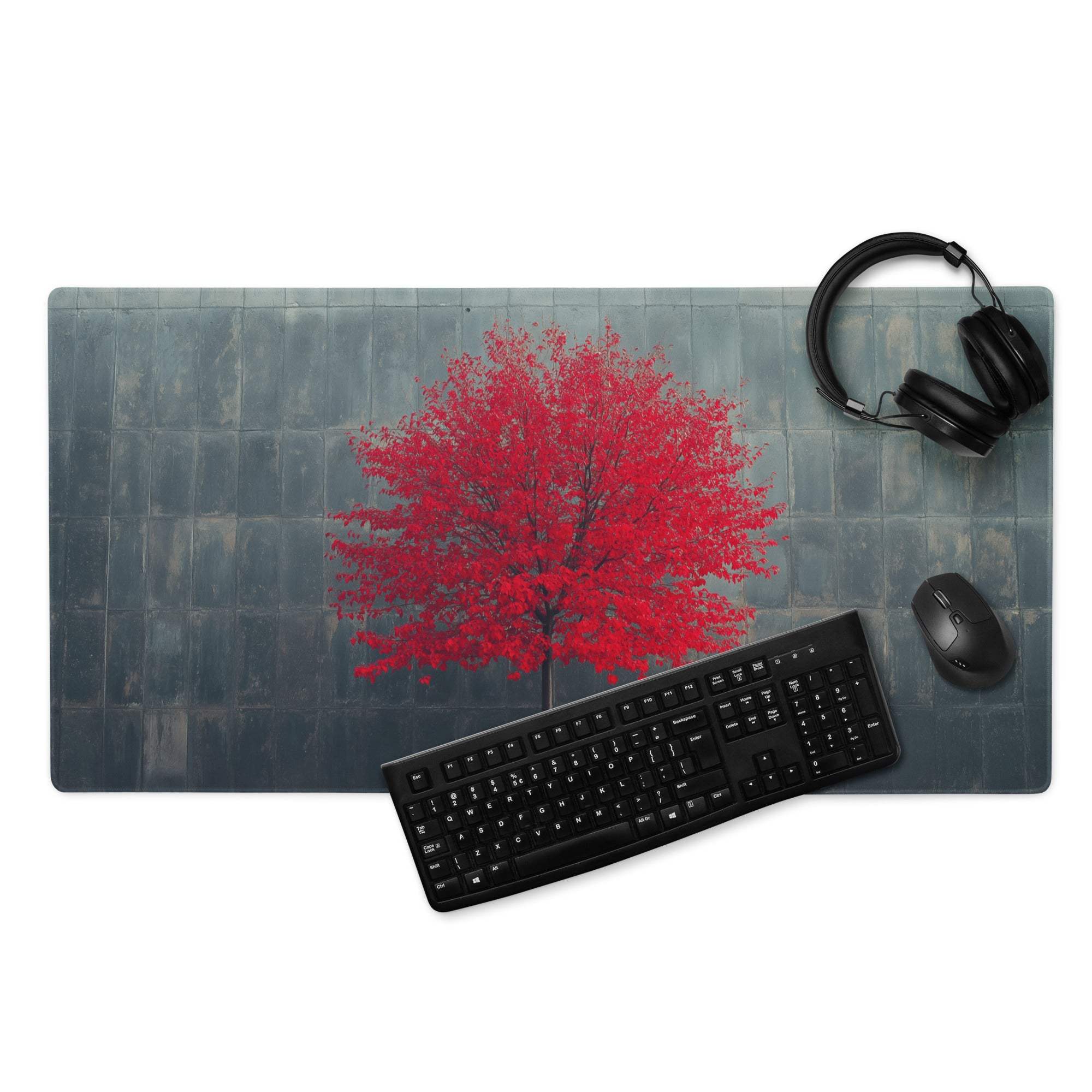 Artistic red tree on dark slate gaming mouse pad for desk setup