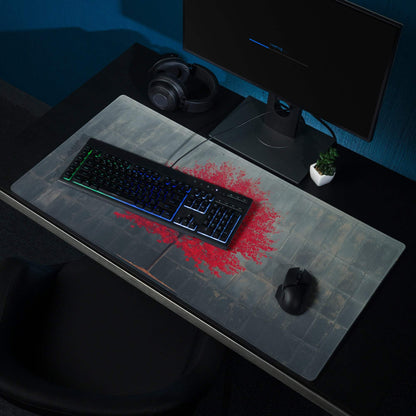 Gray textured gaming mousepad with red splatter tree on dark slate