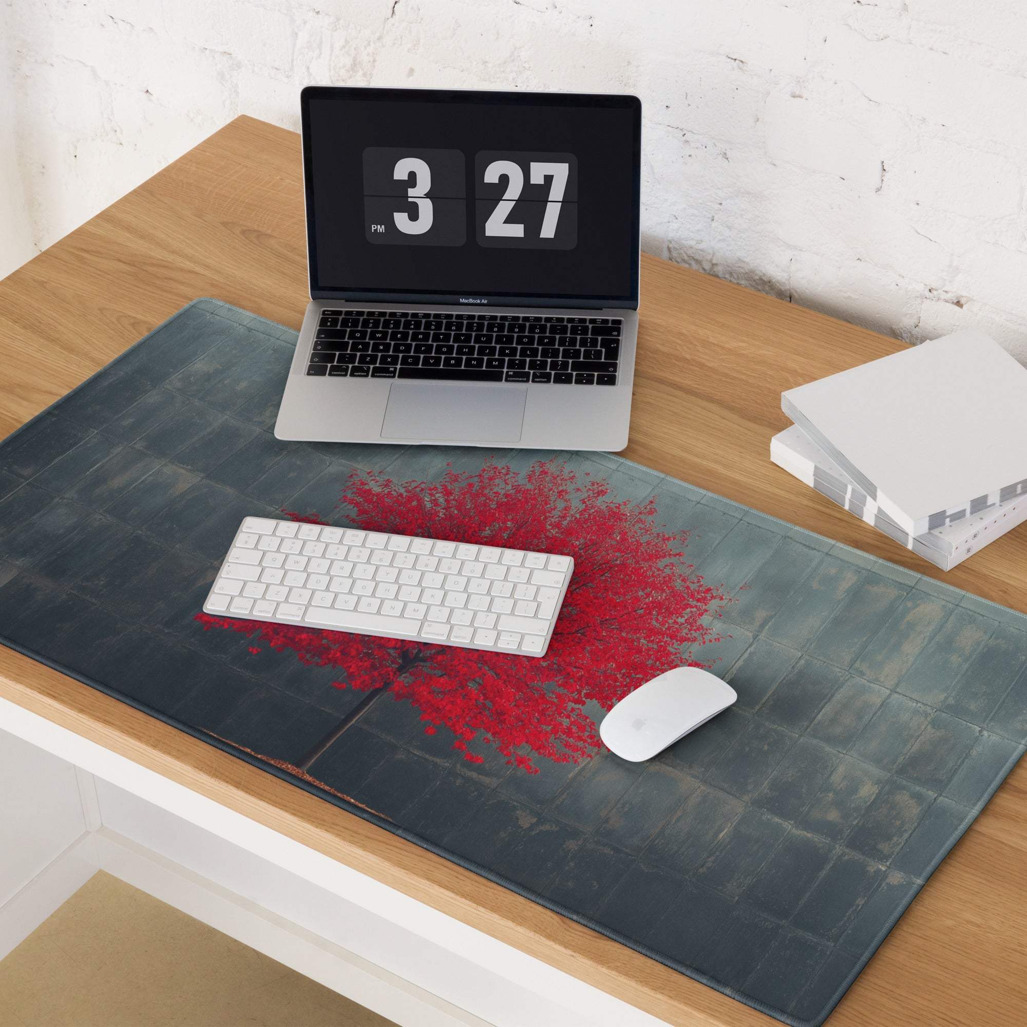 Artistic red tree on dark slate gaming mouse pad with textured surface